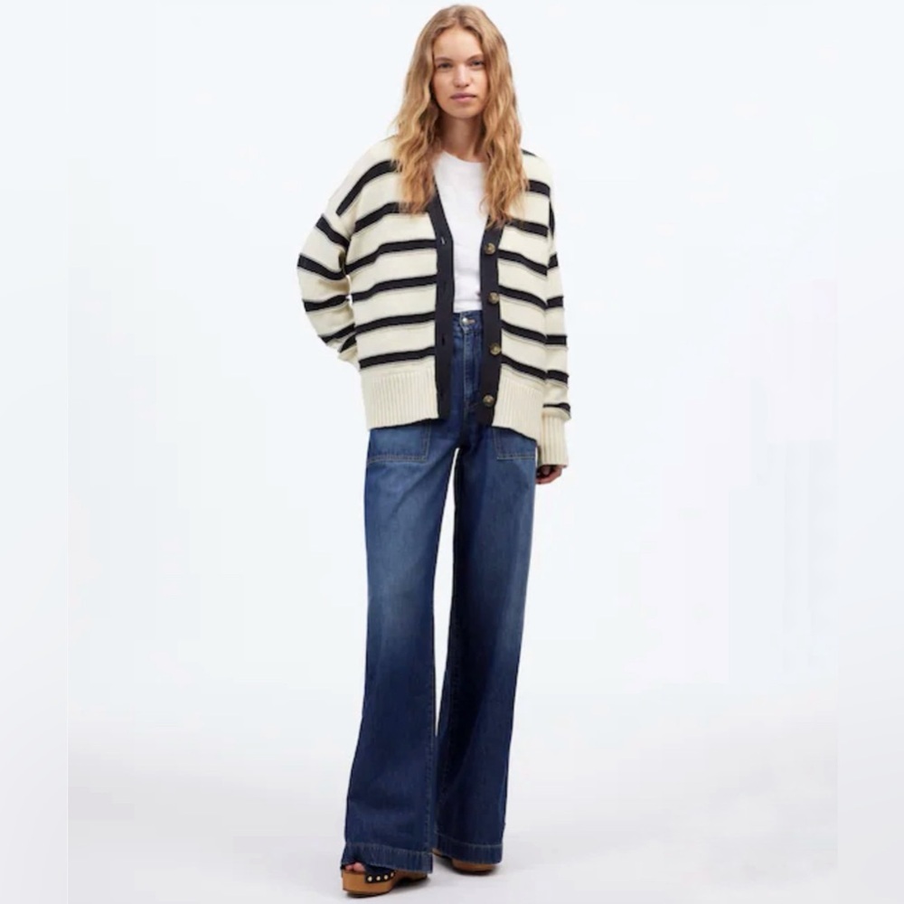 Madewell Oversized Cotton Cardigan in Stripe Cream Navy NT645 100% Cotton Small